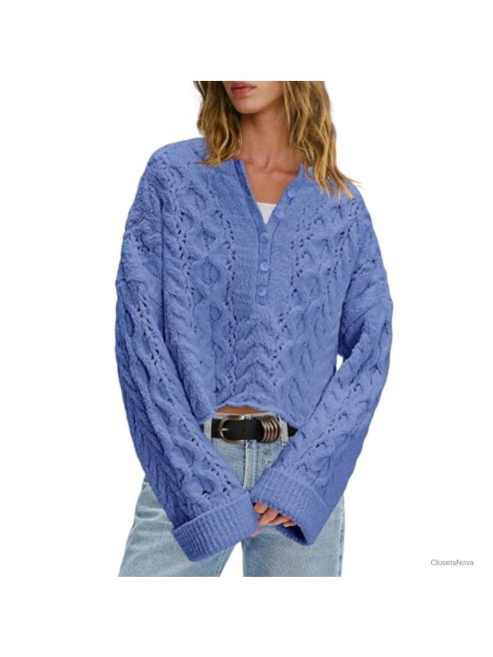 Oversized Cable Knit Sweater Bell Sleeve Crew Neck Button Up Pullover